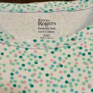 Kim Rogers Perfectly soft micro dot 3/4 sleeve crew neck top pink green blue EUC